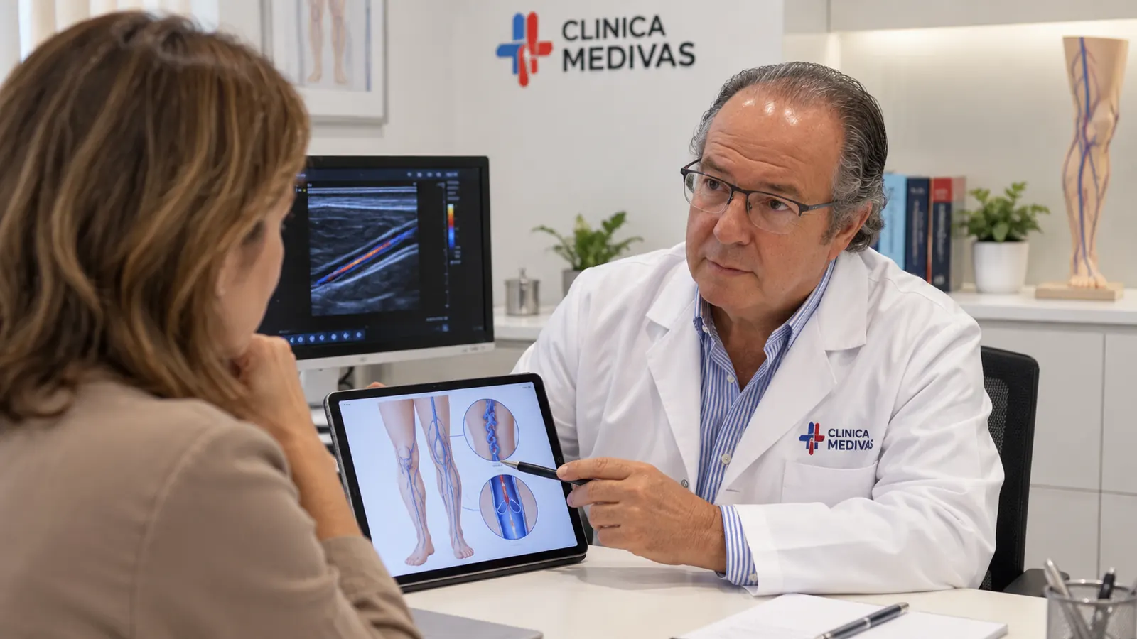 Arañas vasculares en Madrid | Clínica Medivás Dr. Agustín Arroyo Bielsa atendiendo una consulta de Arañas vasculares en Clínica Medivás Madrid