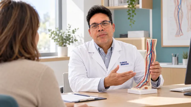 Dr. Carlos M. Hernández in a consultation about intermittent claudication at Clínica Medivás Madrid