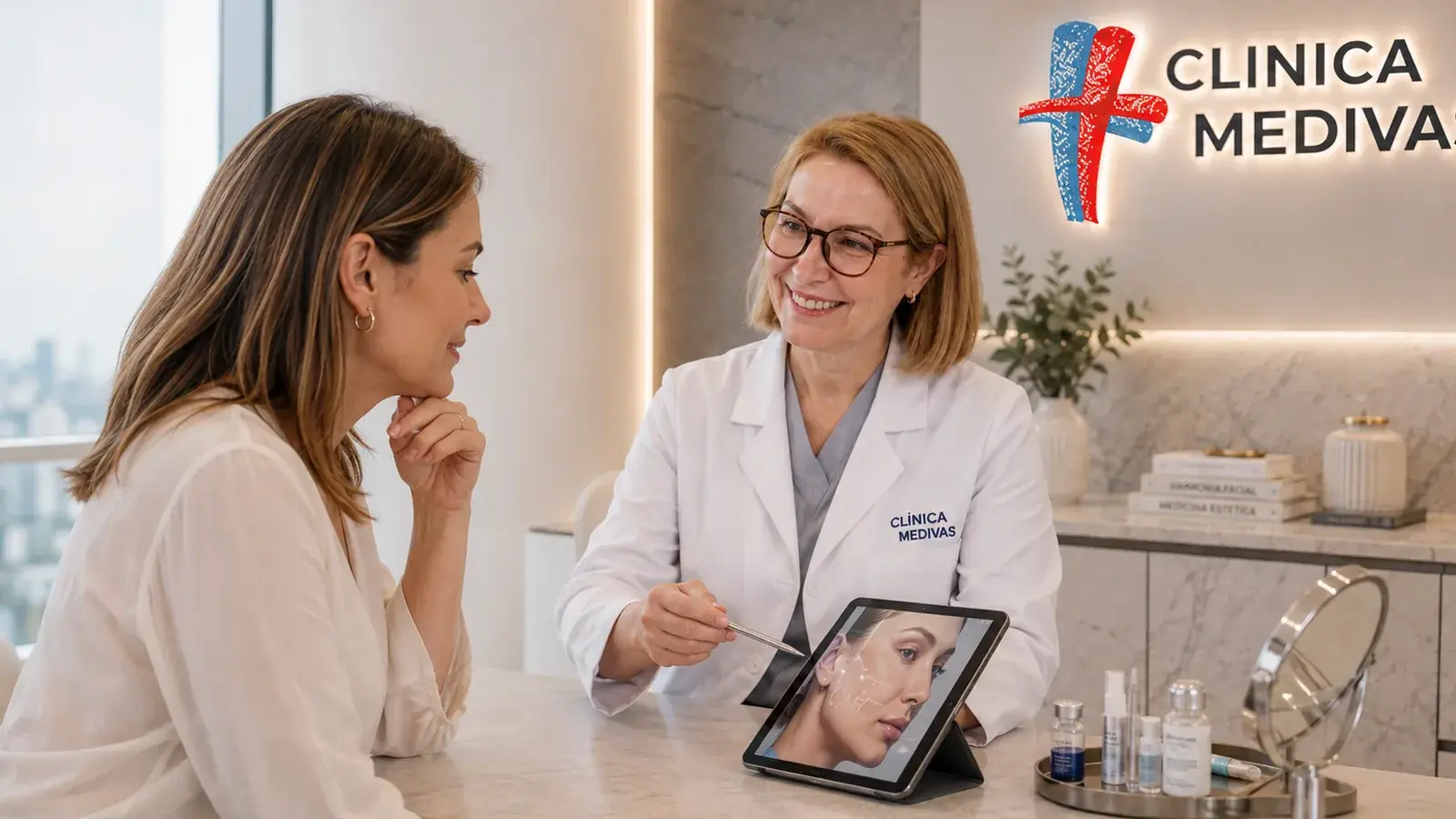 Team de Cosmetic Surgery de Clínica Medivás seeing a patient for cheek enhancement at Clínica Medivás Madrid