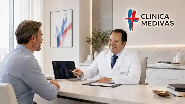 Dr. Agustín Arroyo Bielsa atendiendo una consulta de Presoescleroterapia Medivás® en Clínica Medivás Madrid