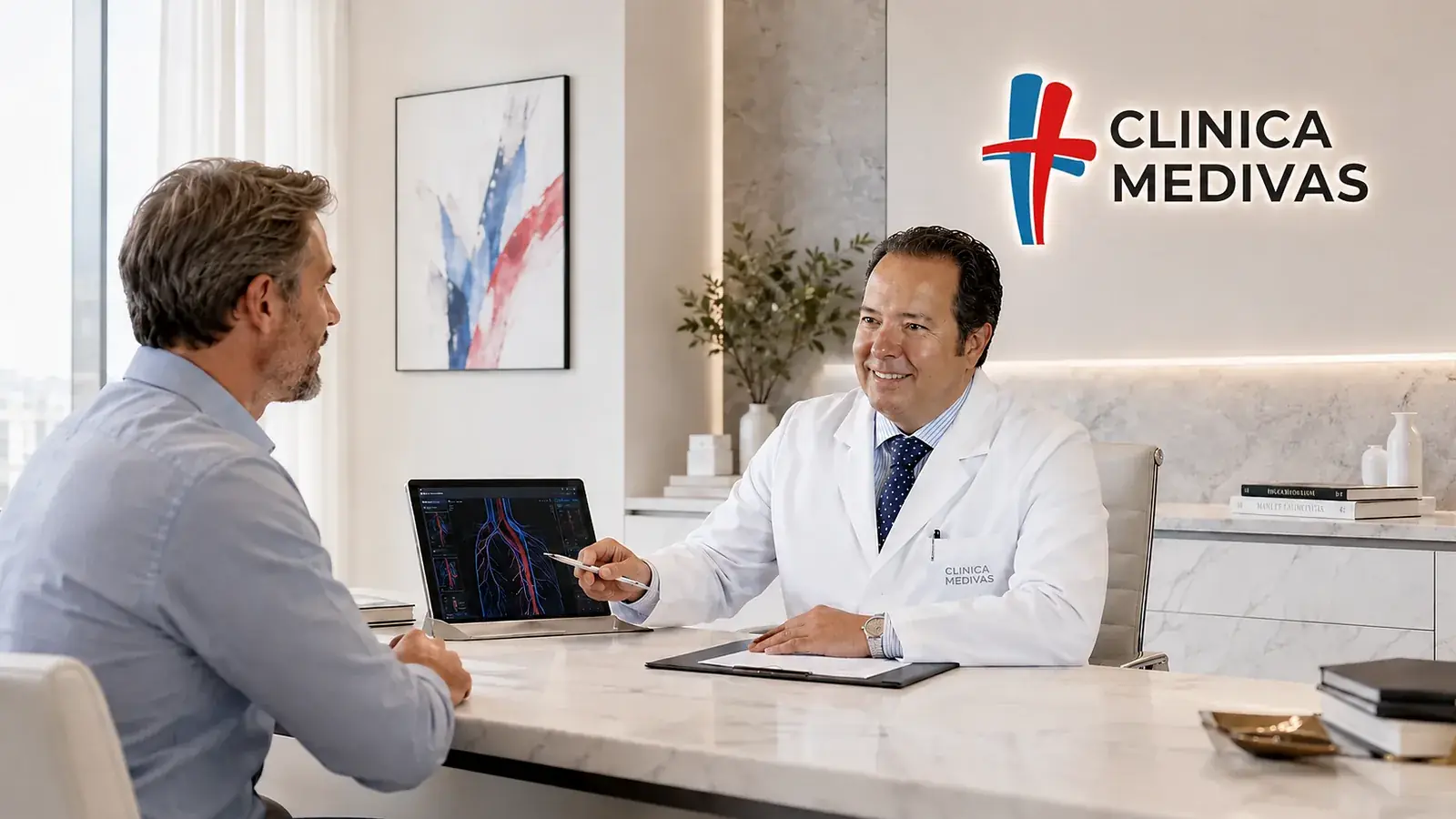 Medivás® pressure sclerotherapy in Madrid | Clínica Medivás Dr. Agustín Arroyo Bielsa seeing a patient for medivás® pressure sclerotherapy at Clínica Medivás Madrid
