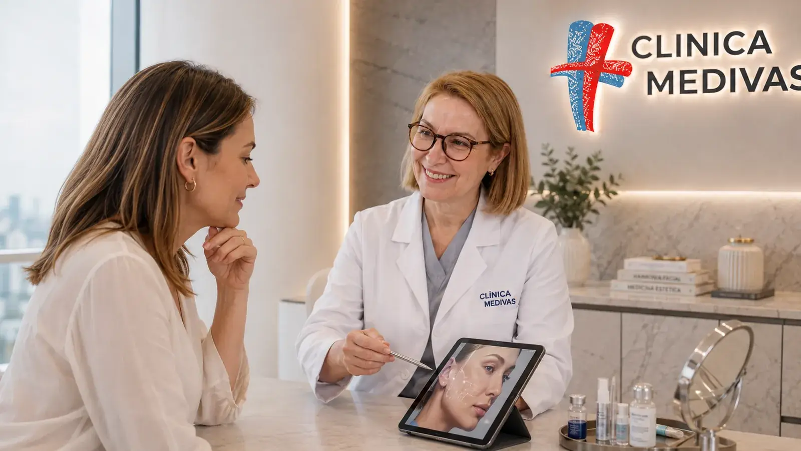 Team de Cosmetic Surgery de Clínica Medivás seeing a patient for biceps implants at Clínica Medivás Madrid
