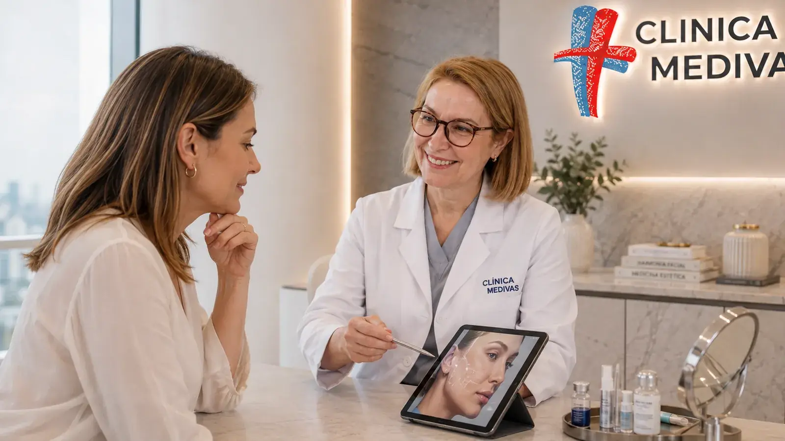 Team de Cosmetic Surgery de Clínica Medivás seeing a patient for triceps implants at Clínica Medivás Madrid