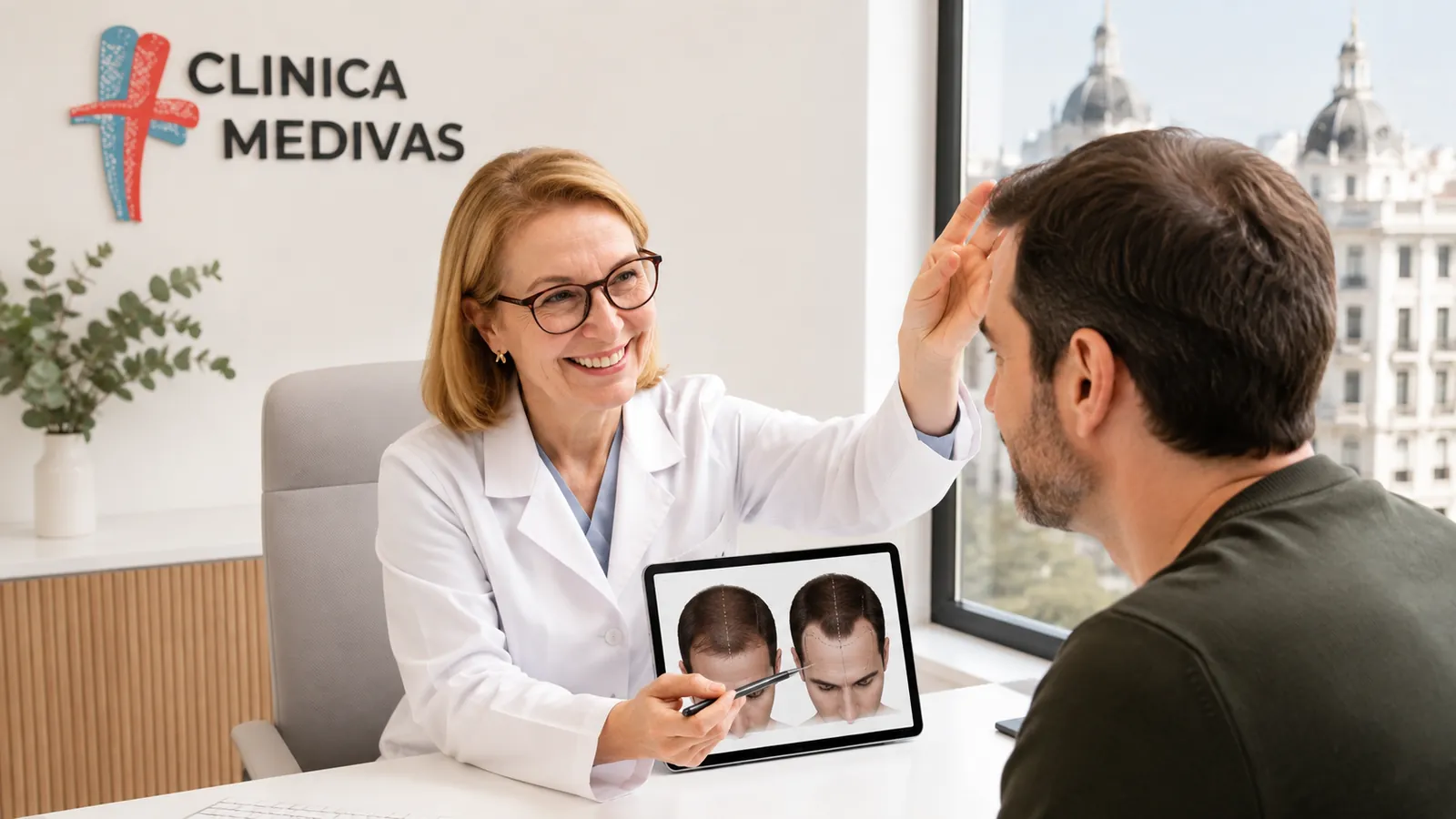 Team de Cosmetic Surgery de Clínica Medivás seeing a patient for hair transplant at Clínica Medivás Madrid