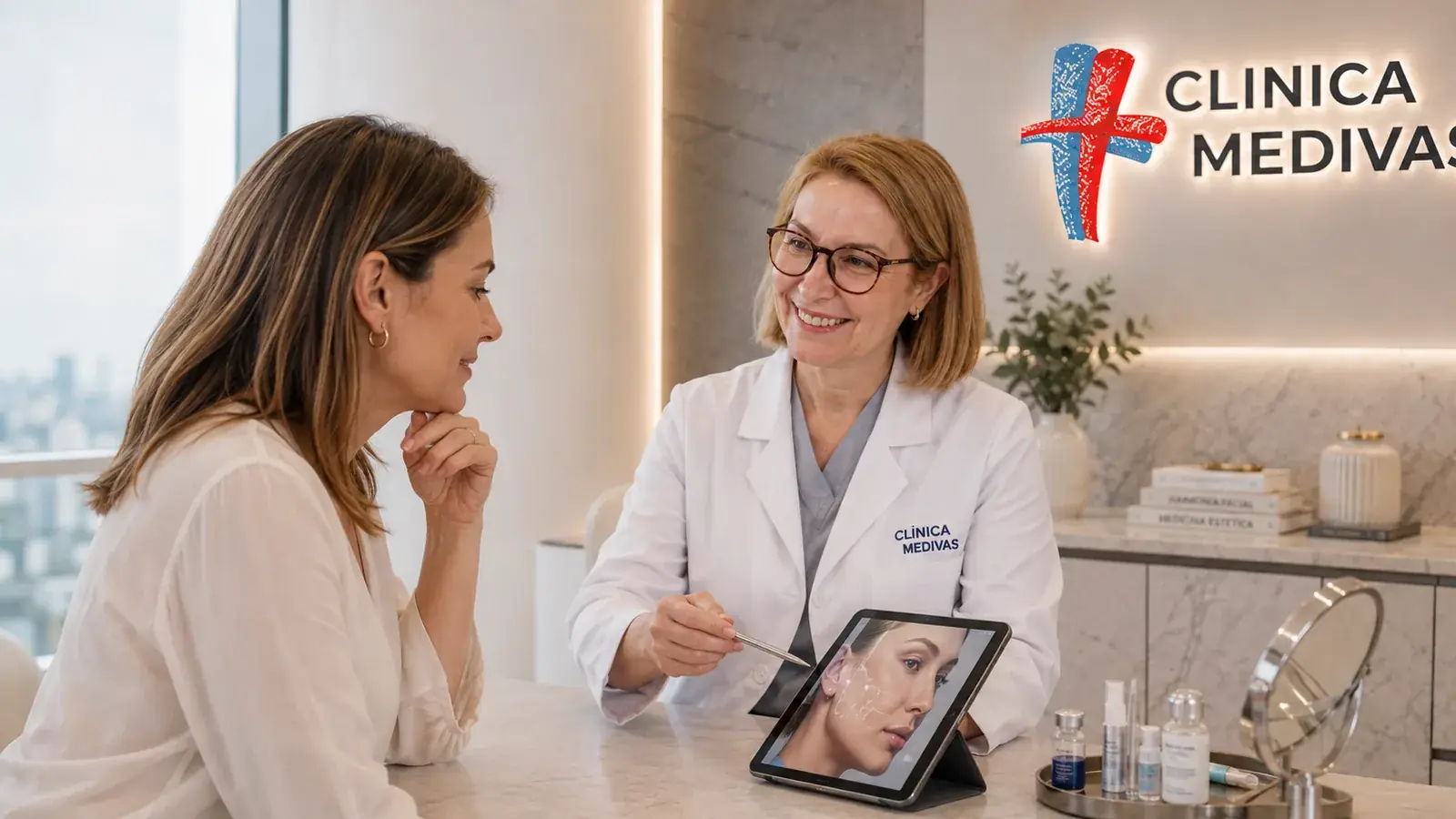 Wrinkle treatment and collagen stimulation in Madrid | Clínica Medivás Dra. Paloma Tejero seeing a patient for wrinkle treatment and collagen stimulation at Clínica Medivás Madrid