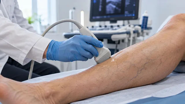 Venous duplex ultrasound probe on a calf during examination
