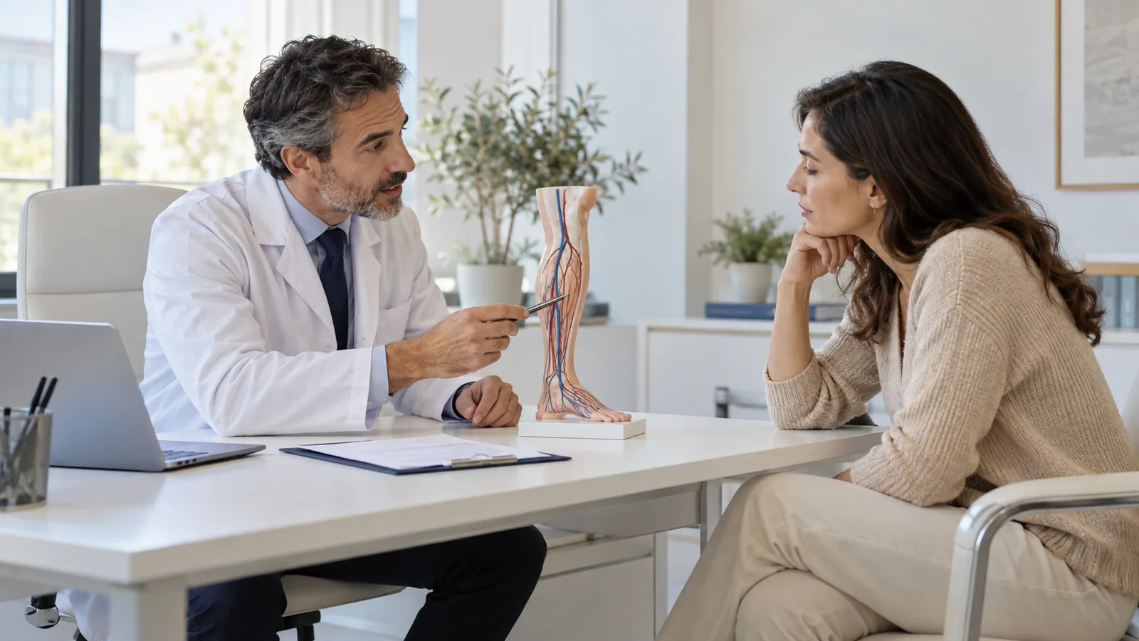 Tratamientos de varices sin cirugía: cómo elegir con criterio | Clínica Medivás Madrid Consulta ilustrativa con un modelo de venas para explicar tratamientos de varices sin cirugía