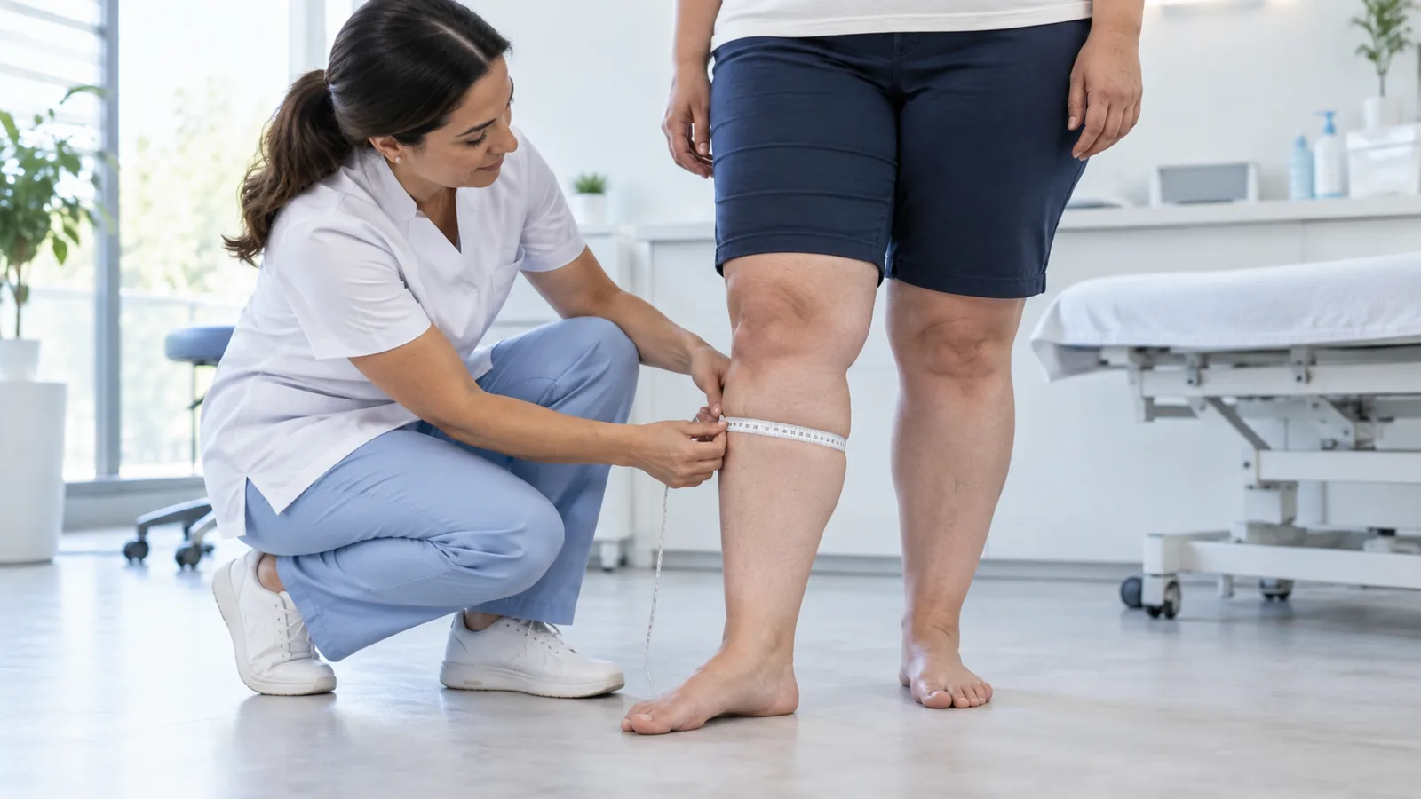 Medición del perímetro de la pantorrilla al valorar lipedema, linfedema o hinchazón